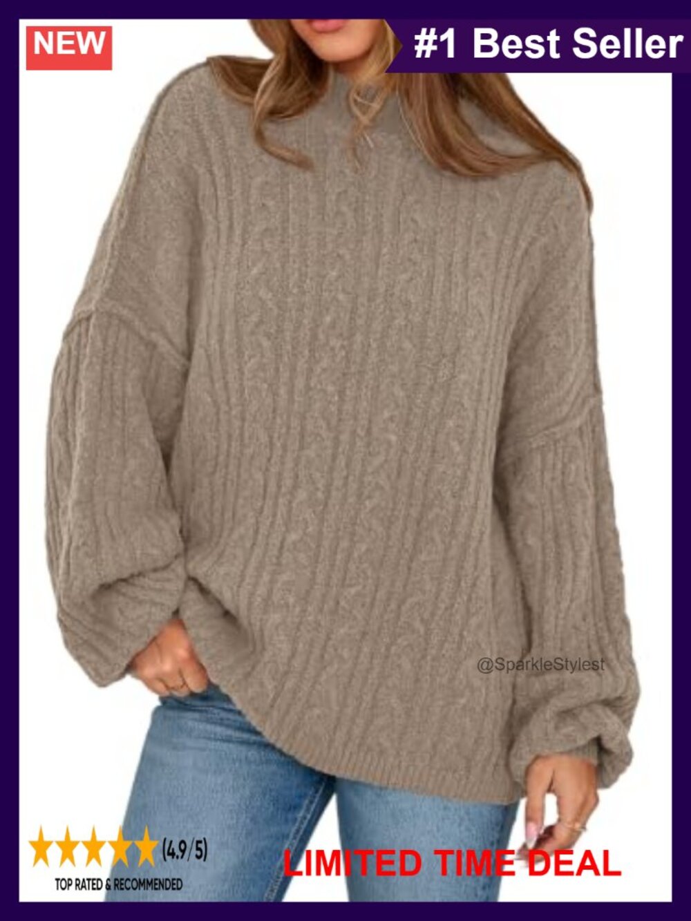 Oversized Cable Knit Crewneck Sweater Long Sleeve Pullover